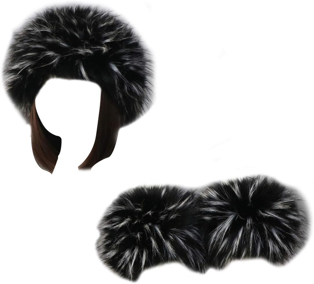 Women Faux Fur Headband Arm Wrist Cuffs Sleeves Elastic Head Warmer Earmuffs