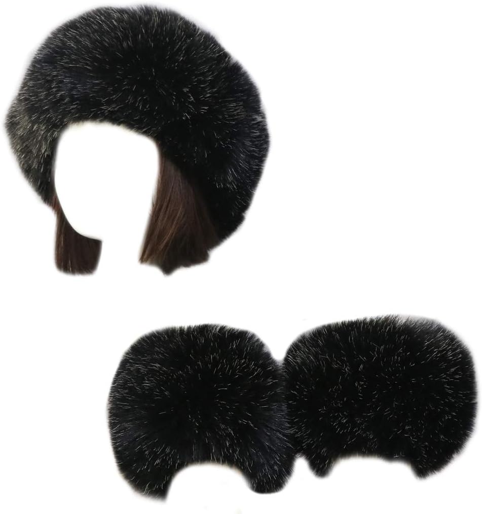 Women Faux Fur Headband Arm Wrist Cuffs Sleeves Elastic Head Warmer Earmuffs