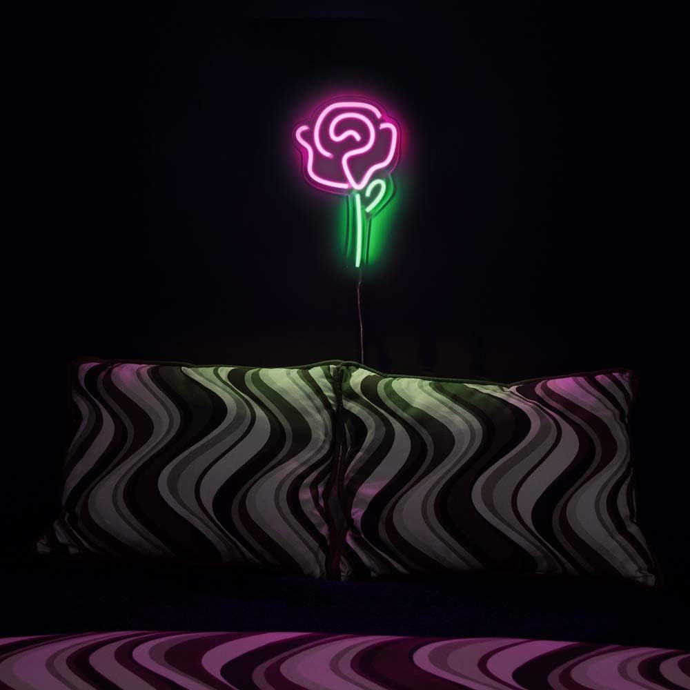 15" X 9" Inch LED Neon Pink Rose Flower with Green Stem Wall Sign for Cool Light, Wall Art, Bedroom Decorations, Home Accessories, Party, and Holiday Decor: Powered by USB Wire (ROSE)