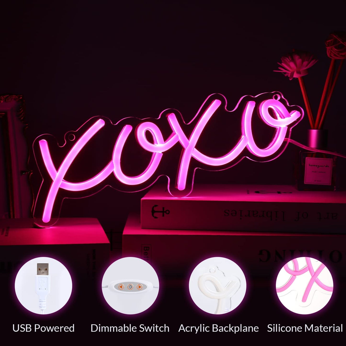 XOXO Neon Sign, Dimmable Neon Signs for Wall Decor XOXO Light up Signs USB Powered Pink Neon Lights Signs for Bedroom Kids Room Bar Wedding Party Decoration