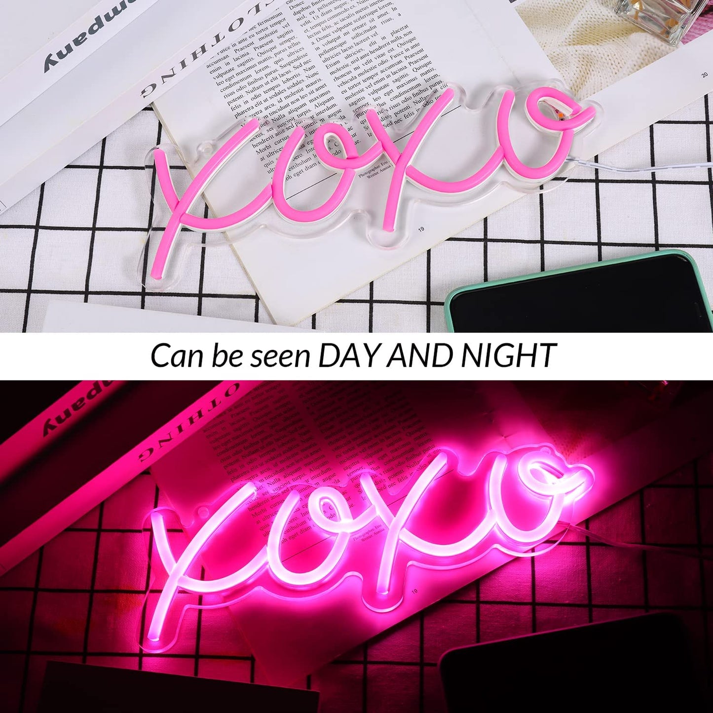XOXO Neon Sign, Dimmable Neon Signs for Wall Decor XOXO Light up Signs USB Powered Pink Neon Lights Signs for Bedroom Kids Room Bar Wedding Party Decoration
