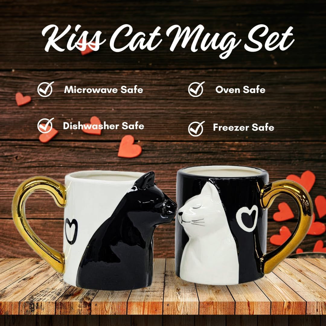 Valentines Day Gifts Cute Kissing Cat Mug Matching Couples Stuff Ceramic Coffee Mug Set Couple Gifts for Wedding Anniversary Engagement Gifts for Cat Lovers 14Oz.