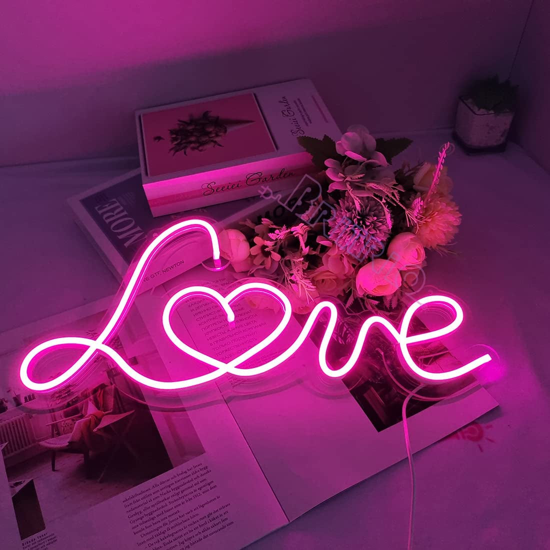LED Neon Light Sign, 17”X8” Pink Love Neon Sign Wall Hanging Art for Bar Pub Party Shop Window Bedroom Living Room Kid’S Room,Home Decor Neon Night Light USB Powered(Pink Love)