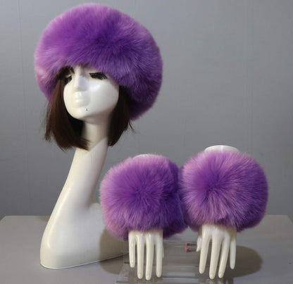 Women Faux Fur Headband Arm Wrist Cuffs Sleeves Elastic Head Warmer Earmuffs