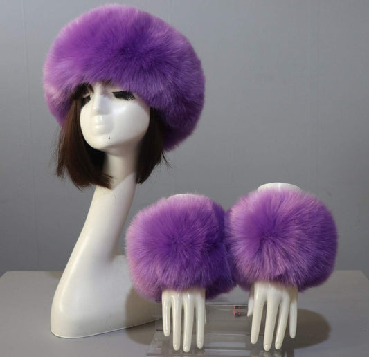 Women Faux Fur Headband Arm Wrist Cuffs Sleeves Elastic Head Warmer Earmuffs