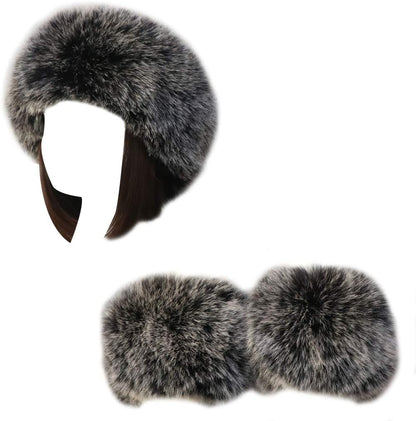 Women Faux Fur Headband Arm Wrist Cuffs Sleeves Elastic Head Warmer Earmuffs